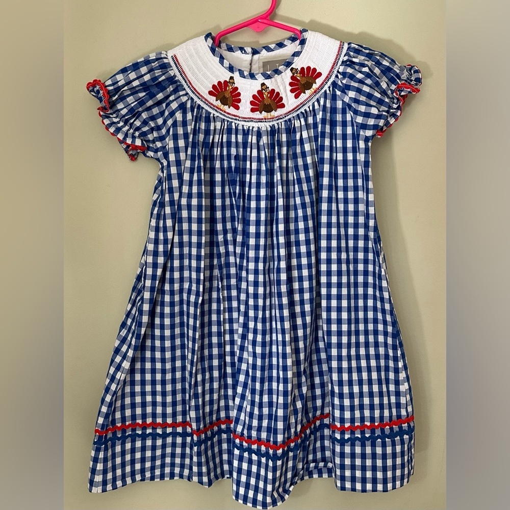 Lil Cactus | Girl Blue Check Turkey Smocked Dress | 4T - Picture 9 of 10